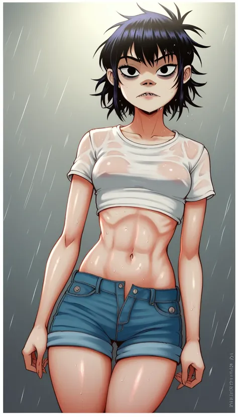 (masterpiece, best quality:1.2),  noodle (gorillaz), black hair, 1girl, streaked hair, black eyes, multicolored hair, bangs, parted lips, breasts, small breasts, bob cut, White background, white unbuttoned crop-top, short shorts, barefoot, masterpiece, bes...