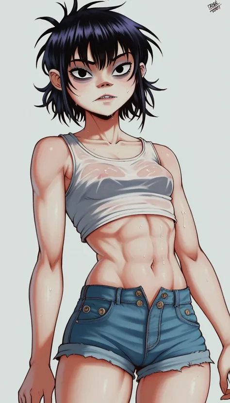 (masterpiece, best quality:1.2),  noodle (gorillaz), black hair, 1girl, streaked hair, black eyes, multicolored hair, bangs, parted lips, breasts, small breasts, bob cut, White background, white unbuttoned crop-top, short shorts, barefoot, masterpiece, bes...