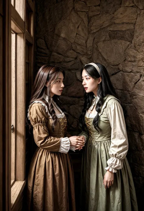 two women talking in a jesus time style house, in period costumes.