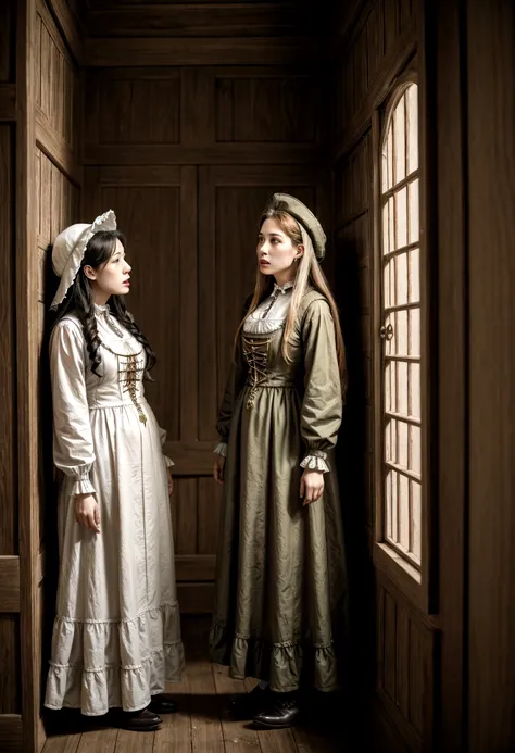 two women talking in a jesus time style house, in period costumes.