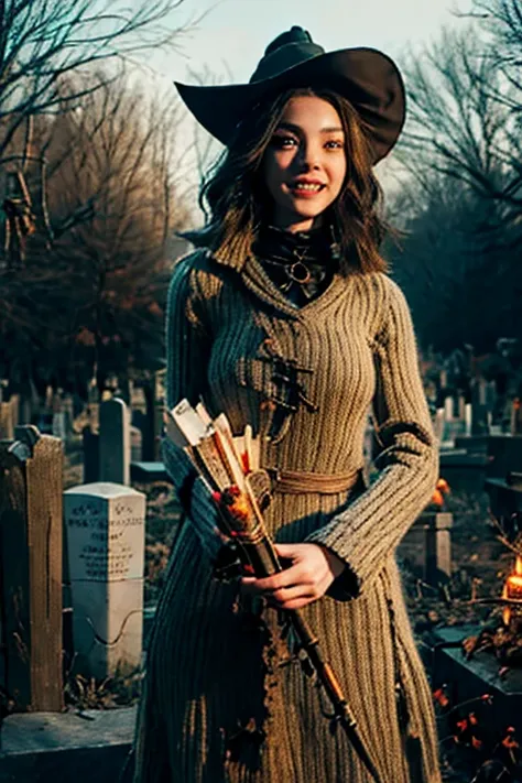 Young beautiful girl, Emma Myers, American, SOFT SMILING FACE, HAVE A BROWN HAIR, wears a old work cap, wears old-fashioned clothes, 19th century, poverty-stricken clothes, old torn clothes, 19th century period clothing, holding a bouquet, standing before ...