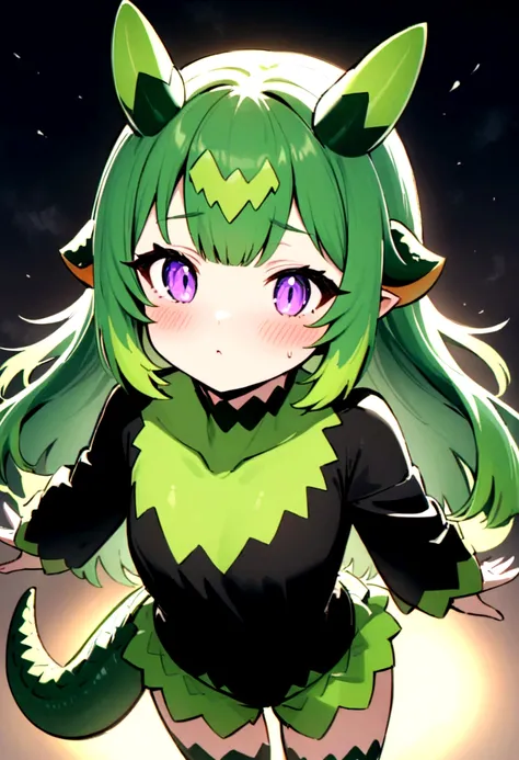 dinosaur girl, dinosaur chan, girl green hair with horns and tail, blushed, Super cute, dinosaur chan, dinosaur-looking girl, half human half dinosaur girl