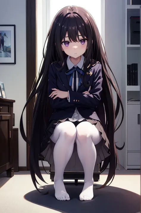 、black髪、Semi-long hair、Pale purple eyes、Head to toe full body、Blushing、Embarrassed look、Composition from the front、A view from slightly below、Sit facing forward、No shoe-shaped legs、squat、Spread your legs in an M shape、Grab my leg、、、blazer、White blouse、Navy...