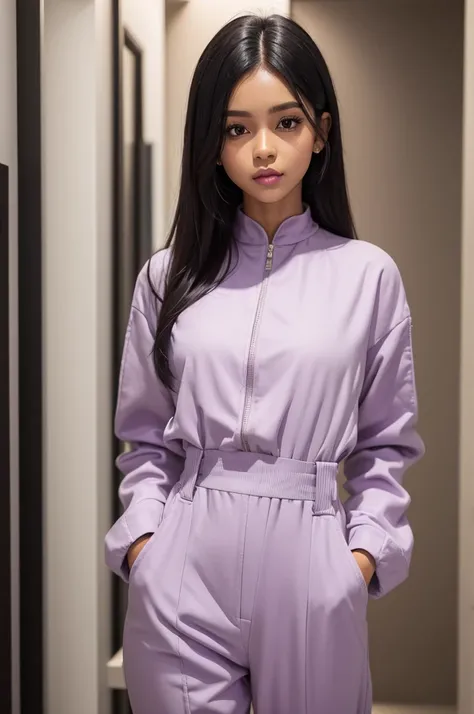  babe , wearing lilac jumpsuit, brown skin color, black straight hair, slanted eyes