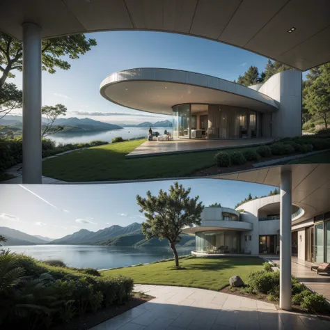 Create an ultra-realistic image of a breathtaking, futuristic, self-sustaining house inspired by the epic scenes from the Halo series. The house should be nestled in a serene landscape on an alien planet, surrounded by lush, bioluminescent vegetation and t...