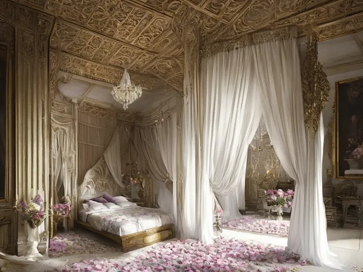 Castle bedroom with luxurious canopy bed and lots of flowers, intricate design, fine details, high chaos, soft sunlight, dreamy pastel colors, fairytale atmosphere, Johan Grenier style, Alyssa Monks style