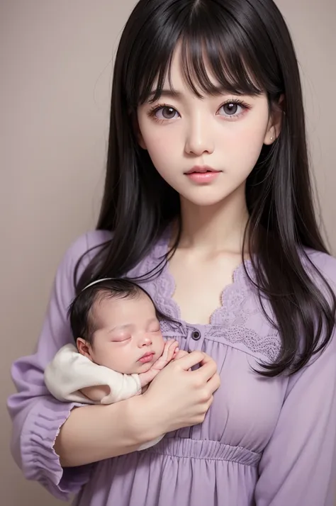 newborn , Bblack hair, lilac dress, BROWN COLOR, eyes browns, Black Straight Hair, slanted eyes