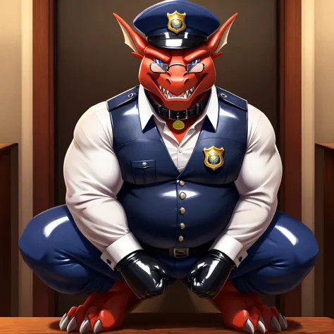 Solo, Male, fat, squatting, extremely obese, gentleman, dapper Dragon blue eyes, (soft shading), 4k, hi res, ((detailed face, detailed)), looking at viewer, evil grin, police station, collared shirt with buttons, hat, male focus, Police Uniform, glasses, m...