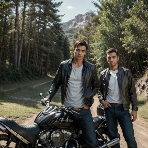 A man wearing a shirt and jacket is leaning next to a big motorbike, and surrounded by natural scenery