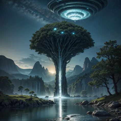 Create an ultra-realistic image of a breathtaking, futuristic landscape inspired by the epic scenes from the Halo series. The scene should feature a serene, alien environment with lush, bioluminescent vegetation and towering, otherworldly trees. The sky sh...