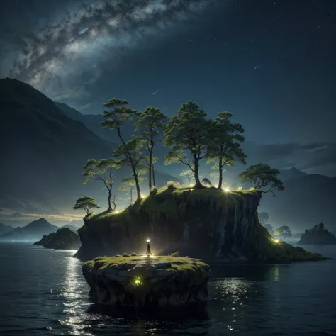 Create an ultra-realistic image of a breathtaking, futuristic landscape inspired by the epic scenes from the Halo series. The scene should feature a serene, alien environment with lush, bioluminescent vegetation and towering, otherworldly trees. The sky sh...