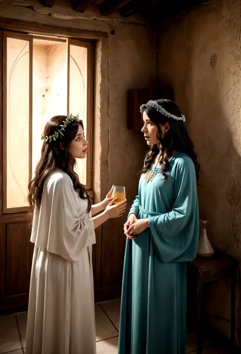 two Israeli women talking in a house, with costumes from the time of Jesus.