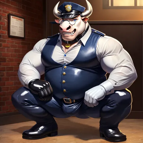 Solo, Male, fat, squatting, extremely obese, gentleman, dapper Bull blue eyes, (soft shading), 4k, hi res, ((detailed face, detailed)), looking at viewer, evil grin, police station, collared shirt with buttons, hat, male focus, Police Uniform, glasses, mon...