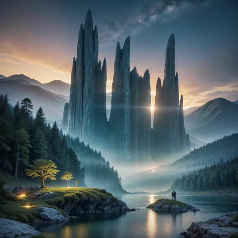 Create an ultra-realistic image of a breathtaking, futuristic landscape inspired by the epic scenes from the Halo series. The scene should feature a serene, alien environment with lush, bioluminescent vegetation and towering, otherworldly trees. The sky sh...