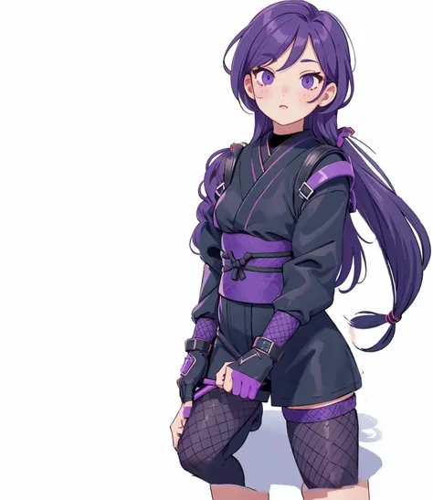 (black ninja outfit), (black and purple Japanese ninja), demonic, stealth getup, fishnet stockings