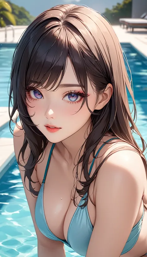 masterpiece, high resolution, beautiful woman, Korean Beauty, 30 years old, sexy swimsuit, beautiful woman, pool, looking at me, (high resolution face), (high resolution eyes), (high quality eyes)
