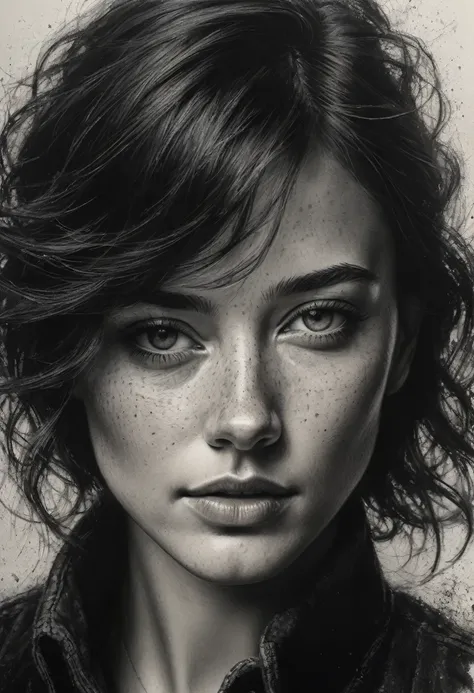 best qualityer, hyper realistic, ultra detali,realistic sketch:1.5,coal,portraite,paper texture,detailed facial features, freckles on the face, Shading and Highlights,dynamic composition,expressive traits,sharp contrast,highlights and shadows,black andwhit...