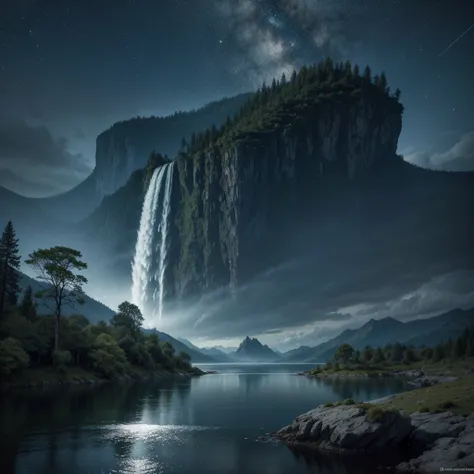 Create an ultra-realistic image of a breathtaking, futuristic landscape inspired by the epic scenes from the Halo series. The scene should feature a serene, alien environment with lush, bioluminescent vegetation and towering, otherworldly trees. The sky sh...