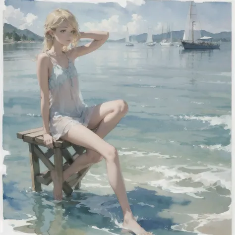 Tranquil voyager girl, in watercolor style, Photorealism, discreet pink and mint shades, barefoot, blonde hair, very beautiful exquisite face