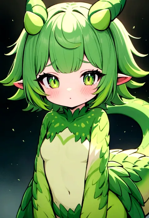 monster girl, dinosaur girl, dinosaur chan, girl green hair with horns and tail, blushed, Super cute, dinosaur chan, dinosaur-looking girl, half human half dinosaur girl