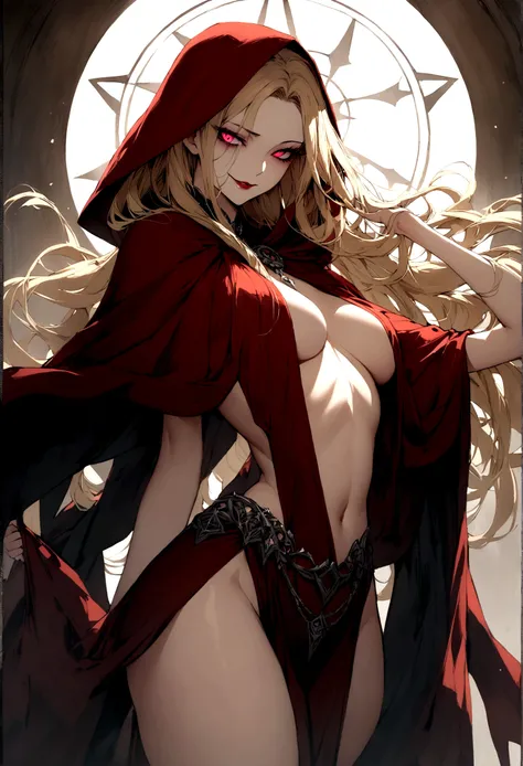 woman, cultist, long blond hair,  perfect body, evil smile,  cultist cloak, seductive,cowboy shot, cultist clothes,