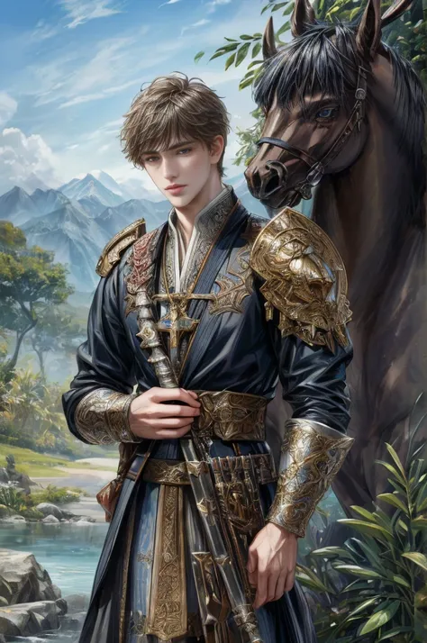 (absurdres, highres, ultra detailed, HDR), masterpiece, Intricate details,best quality picture of a character from Valkyrie Elysium, handsome teen boy with short Hair anime eyes, intricate details on face, in a detailed outside paradise sanctuary scenery, ...