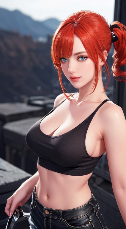 Beautiful eyes, (croptop), (black jeans), (full arm tattoo), illustration, (shop background) ((masterpiece)), (best quality), ((ultra-detailed)), beautiful detailed eyes, (wampire), ((modern landscape)), (original, highres), realism, semi-realism, (overexp...