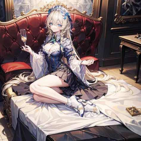 Official Art, European Masterpiece Women&#39;s Clothing,, light blonde , Dark blue glasses、best quality、high resolution:International chess，Chess and cards，atmosphere，Looking up，Wearing a crown，Dressed in a fancy costume，Long hair，think，Chess Player，Colorf...