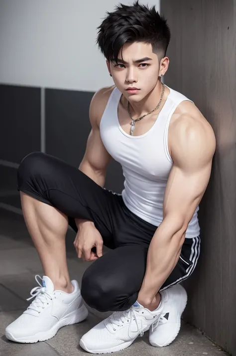 Young strong man with spiky hair with white highlights, white tank top, black pants white sneakers