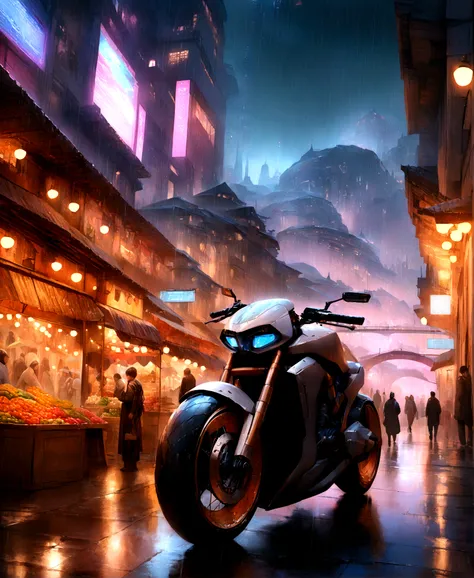 ((masterpiece)),((Highest quality)),((High detail)),((Realistic,)) Future City, There is a deep canyon in the middle, Architecture Street, Bazaar, bridge, cyber punk, European architecture, Rainy night, neon, Futuristic bikes