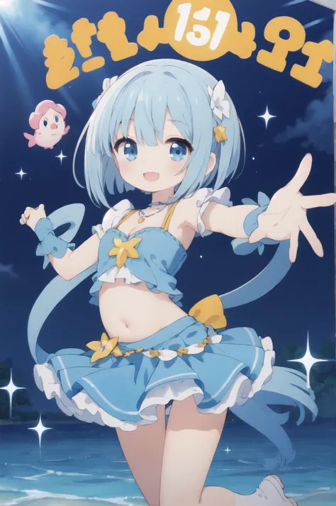 ((masterpiece、Highest quality))Women、Cleavage、cute、cute、Belly button、My Favorite 、solo、Idol、Light blue skirt、Light blue hair、Short Bob、Light blue eyes、Blue ribbon、Scrunchie、Pleated skirt、smile、necklace、fish、smile、dance、sing、Line of sight、Sparkling、Red chee...