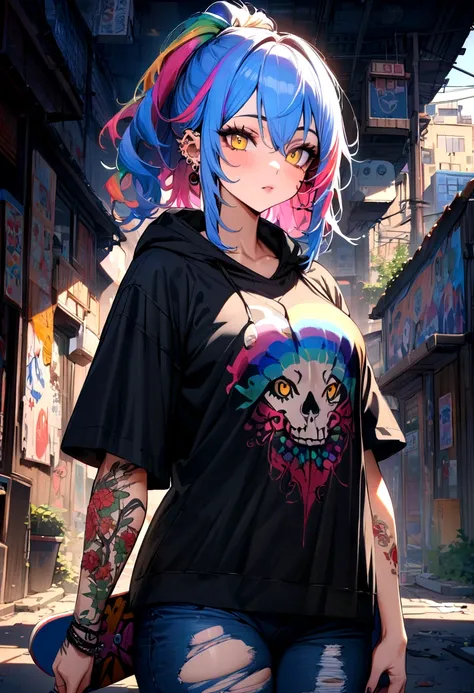 The most beautiful and sexy skateboard girl, rainbow colored hair, yellow eyes, wearing hoodie, graphic t-shirt, torn skinny jeans and highly detailed skateboard gear, tons of tattoos and piercings, highly detailed background, perfect masterpiece, high qua...