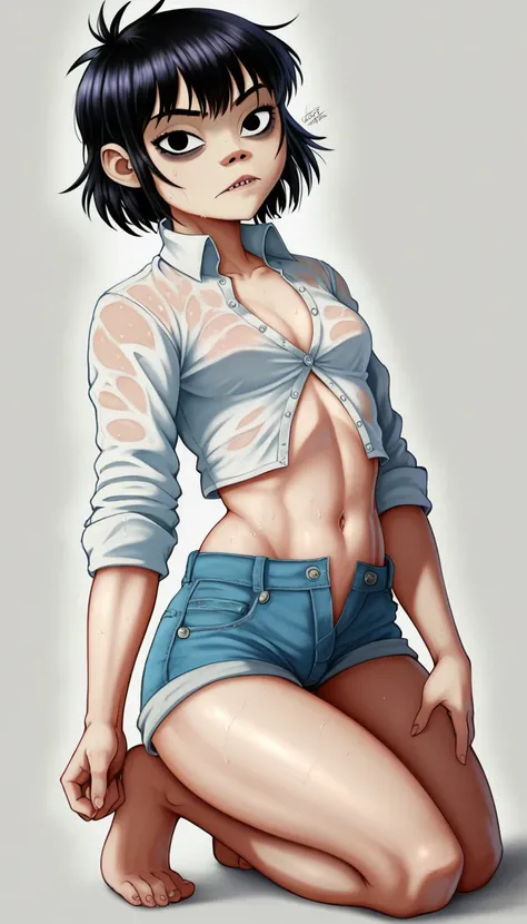 (masterpiece, best quality:1.2),  noodle (gorillaz), full-body shot ,black hair, 1girl, streaked hair, black eyes, multicolored hair, bangs, parted lips, breasts, small breasts, bob cut, thick butt, White background, ((white unbuttoned crop-top, unbuttoned...