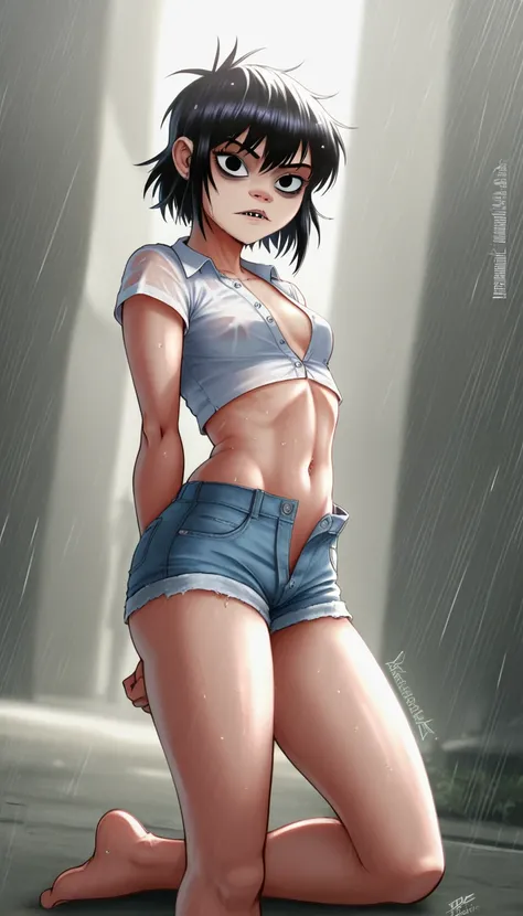 (masterpiece, best quality:1.2),  noodle (gorillaz), full-body shot ,black hair, 1girl, streaked hair, black eyes, multicolored hair, bangs, parted lips, breasts, small breasts, bob cut, thick butt, White background, ((white unbuttoned crop-top, unbuttoned...