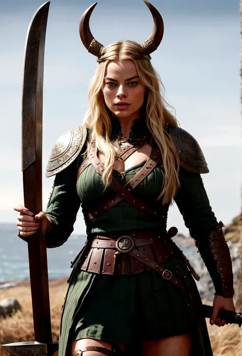 Margot Robbie as a Viking warrior, carrying a historic Viking axe in her right hand, and in her left hand a historic Viking shield, she is in an imposing attacking position, cinematic sequence, impressive image