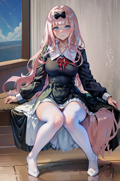 、Pink Hair、Medium Hair、、Pale blue eyes、Head to toe full body、Blushing、Embarrassed look、Composition from the front、A view from slightly below、Sit facing forward、No shoe-shaped legs、squat、Spread your legs in an M shape、Grab my leg、、、blazer、White blouse、Navy ...