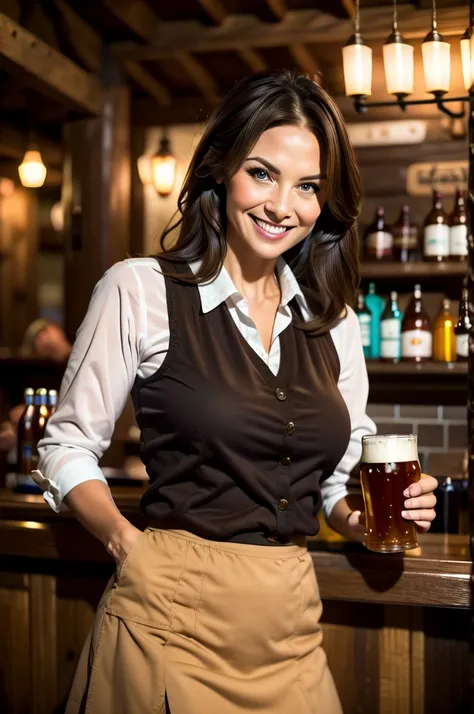 Brown Haired cute feisty human bar owner retired adventurer with a smile on her face offering a beer over the counter to a patron. She is wearing a blouse that completely covers her and a work skirt.