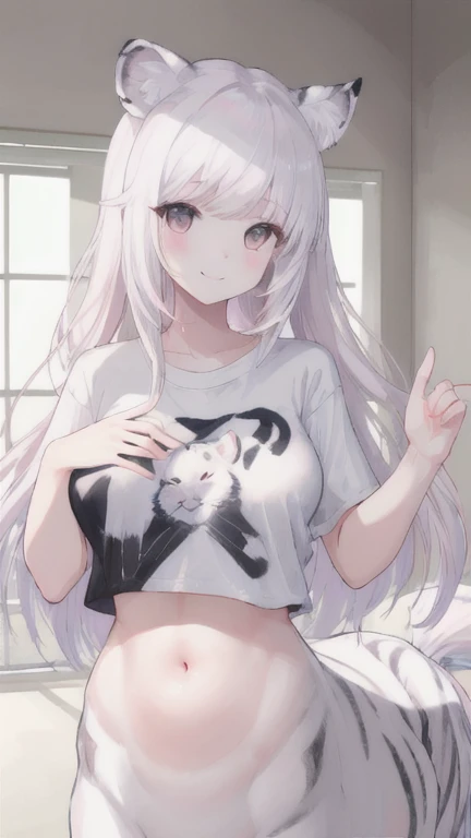 (best quality, masterpiece), 1 girl, centaur, It takes, White skin, Korean ,daughter,black pink,Smiling, exposing the abdomen, belly button t-shirt , 아름다운 소녀 Perfect wild white tiger photo, Perfect wild white tiger photo