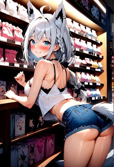 NSFW,masterpiece,Highest quality,High resolution,Super detailed,Shirakami Fubuki(Hololive),Gray Hair、One-sided braid、Ahoge、Earrings,Fox ears,Fox tail,Crop top shirt,Sleeveless,Cleavage,Low-rise denim shorts,Embarrassed,blush,Expecting face,Bewitching Smile...