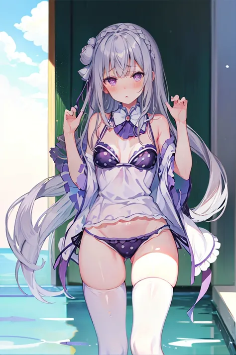 Bikini、エッチBikini、Random pose、水玉柄のBikini、Polka dot bikini、Light silver hair、Semi-long hair、Random pose、School swimming pool、Blushing、Embarrassed expression、、Pale purple eyes、、Blushing、lipstick、Perfect hands、Detailed hands、