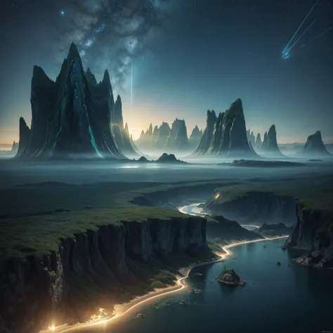 Create an ultra-realistic image of a breathtaking, futuristic landscape inspired by the Halo series, set during the day. The scene should depict a vast alien planet with an expansive, open horizon bathed in daylight. Include towering, crystalline structure...