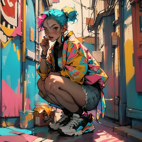 (high resolution:1.2),ultra detaild,realisitic,sharp focus,colorfully,walls covered in graffiti,street artistryist girl,vibrant clothing,singing passionately,energy performance,street artistry backdrop,urban atmosphere,busy street scene,agitation, expressi...