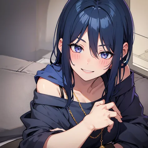 Dark blue haired boy blushing while smiling nervously 