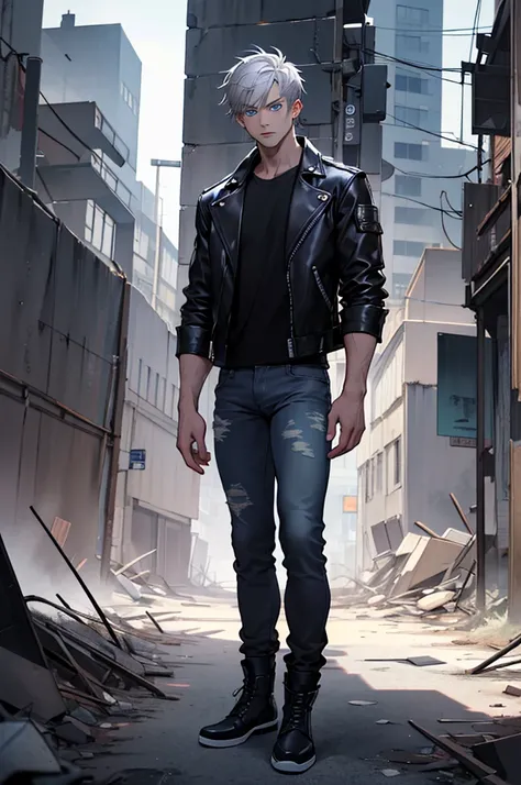 (Masterpiece, best quality, absurdities) 1 young man, full body, looking at the viewer, serious, blue eyes, silver hair, short hair, black leather jacket, black jeans, post apocalypse, volumetric light