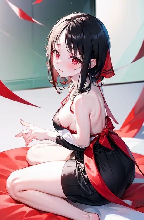 Random pose、Black Hair、Small breasts、Random pose、Red ribbon、Pale red eyes、classroom、Blushing、Embarrassed expression、、