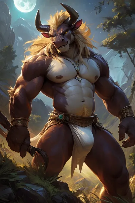 ultra-detailed, masterpiece, masterwork, high quality, best quality, hdr, (nature, night), posted on e621, (by darkgem), nsfw, male, solo, (white little body minotaur), dragon, (long  golden hair, yellow eyes, white body, roar), stylish pose, dynamic angle...