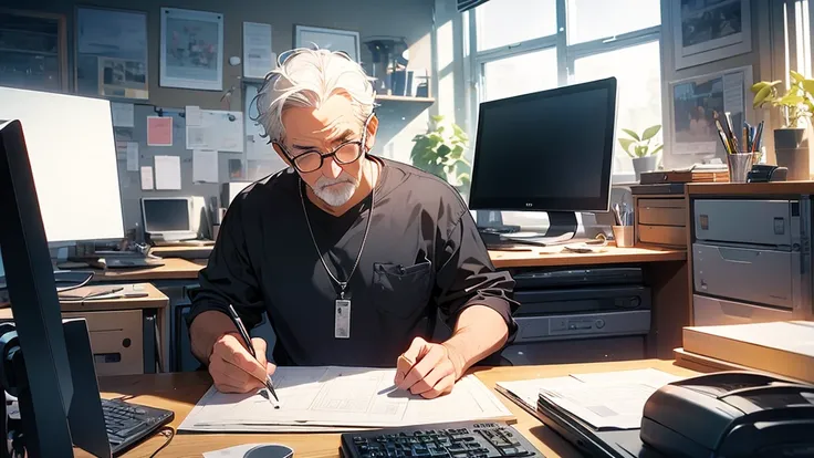 Man in his 50s　Design studio　Mac computer　Stylish office graphic designer　I&#39;m working　Gray Hair　Small face from behind　Man in his 50s　work　Dont show your face　only the back　Several female staff members