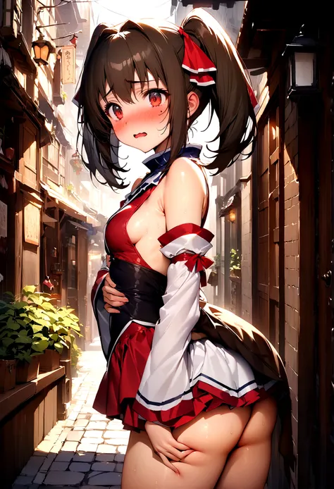 NSFW,masterpiece,Highest quality,High resolution,Super detailed,Nekone (Utawarerumono),Brown Hair、（Red Eye：1.3）、ribbon,Twin tails、ヘアribbon、Mole、目の下のMole,Small breasts,Fantasy World,Shopping Street,Alley,Japanese style,Removable sleeves,mini skirt,leotard,H...