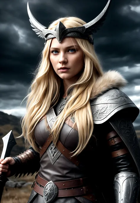 a beautiful woman with long blonde hair, winged viking helmet,fierce warrior expression, holding battle axe,fur cloak,detailed face,detailed eyes,detailed skin texture,dynamic pose,dramatic lighting,cinematic camera angle,dark cloudy sky,moody atmosphere,e...