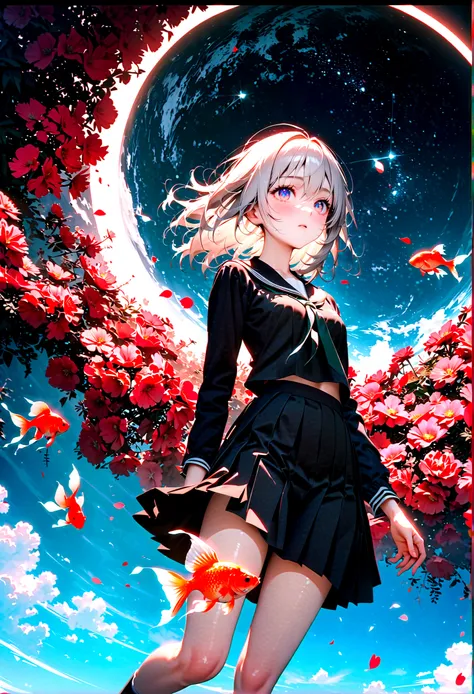 (woman(student, 15 years old, ＪＫ, Short silver hair floating, Space-colored eyes, school black uniform, Pale skin, Tired face、lack of shine in the eyes) Looking up at the sky), (Many shiny red scale goldfish swimming in the air), Beautiful sky, Beautiful C...